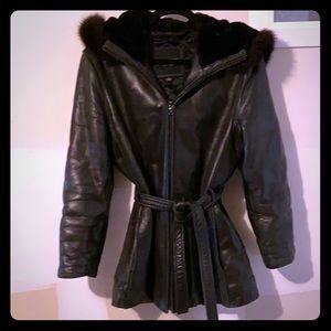 Beautiful super soft leather coat fur trim hood.